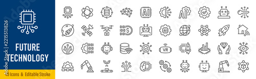 Future technology web icons in line style. Innovation, artificial intelligence, automation, robotics, machine learning, digital, smart technology, cybersecurity, collection. Editable stroke. Vector