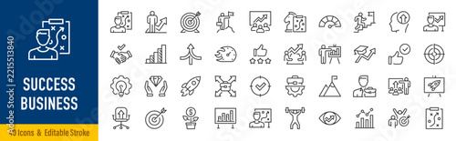 Success business web icons in line style. Achievement, growth, goal, strategy, profit, leadership, motivation, target, progress, productivity, opportunity, collection. Editable stroke. Vector