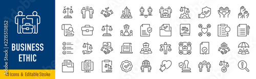 Business ethics web icons in line style. Ethics, integrity, compliance, accountability, transparency, responsibility, governance, trust, fairness, corporate values, collection. Editable stroke. Vector