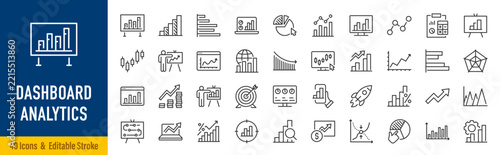 Dashboard analytics web icons in line style. Data, analytics, business intelligence, statistics, reporting, metrics, KPI, charts, graphs, insights, performance, collection. Editable stroke. Vector