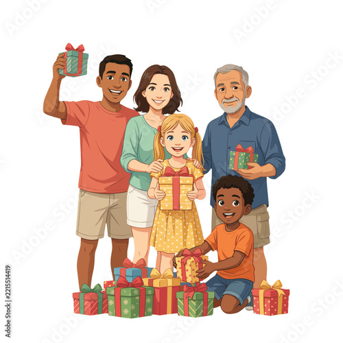 A diverse family, including parents, grandparents, and children, happily gathered with numerous gift boxes, signifying a celebration or special occasion.