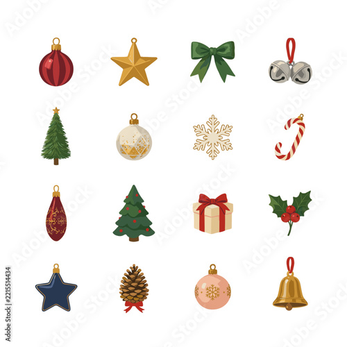 A collection of festive Christmas ornaments and decorations.