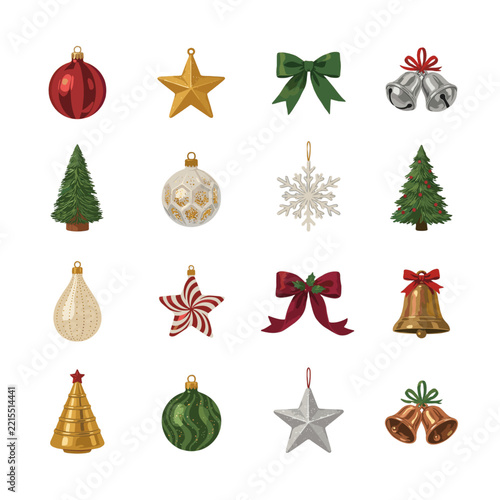 A collection of Christmas ornaments and decorations, including baubles, trees, bells, and bows.