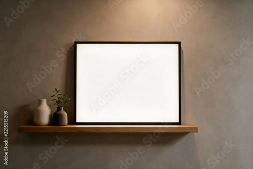 Blank backlit light box mockup on oak shelf with ceramic vases