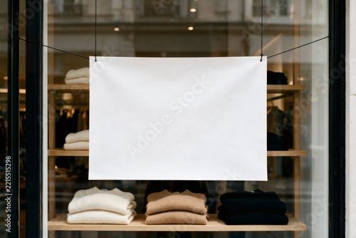 Blank white paper banner hanging in boutique window over knit sweaters