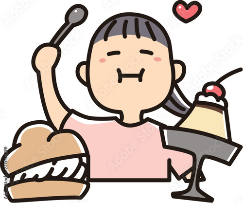 チートデーに好きなものを食べる女性のバストアップ_フルカラー