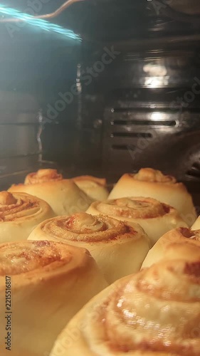 Golden-Brown Cinnamon Rolls Rising in the Oven: A Delicious Transformation Captured from Start to Finish