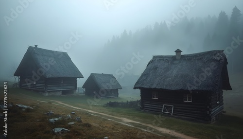 Dark log cabins with thatched roofs on a foggy hillside by a misty pine forest