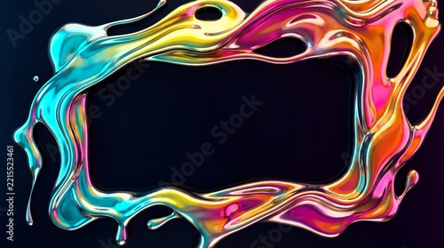 Abstract Holographic Iridescent Liquid Frame Splashing on Black Background