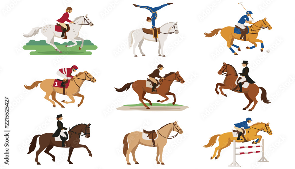 Fototapeta premium Equestrian sport rider action vector set. Horseback, polo, dressage, vaulting, show jumping, racing and jockey.