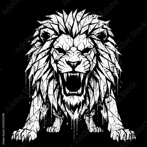 Geometric lion head illustration with roaring expression and ink drip texture on black background