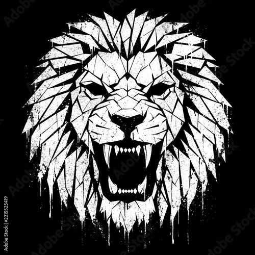 Geometric lion head illustration with open mouth and white paint drip effects on black background