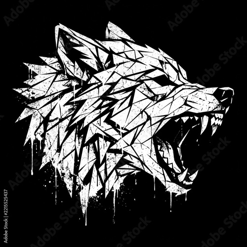 Aggressive geometric wolf head illustration with paint drip effects on a solid black background