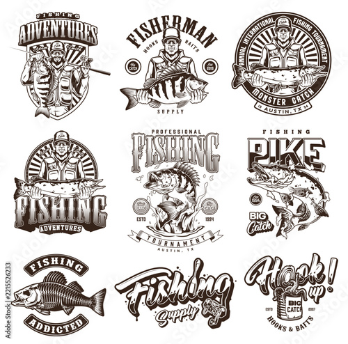Vintage fishing-themed logos in monochrome style