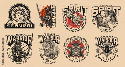 Vintage-style warrior and samurai emblem designs