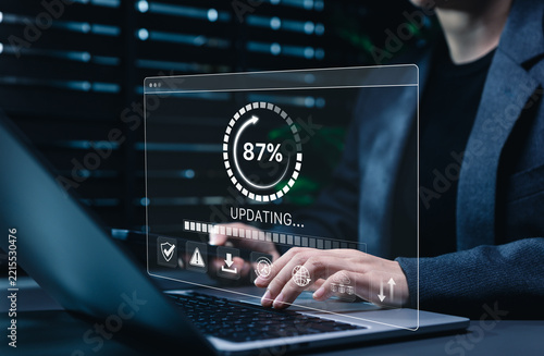 Software update or operating system, update software application upgrade technology concept. updating progress bar, installing app patch, new version loading, program downloading, improved security,