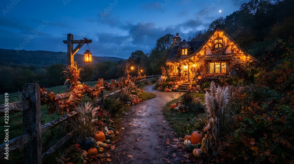 Obraz premium Halloween pumpkins and lanterns illuminate rustic house pathway at