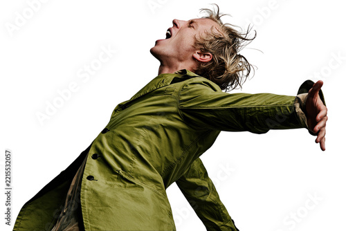Emotional man shouting with open arms isolated on transparent background PNG cutout