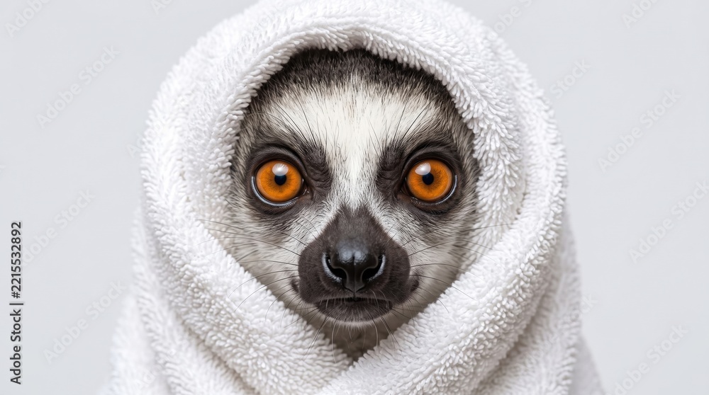 Fototapeta premium Lemur with orange eyes wrapped in white bath towel