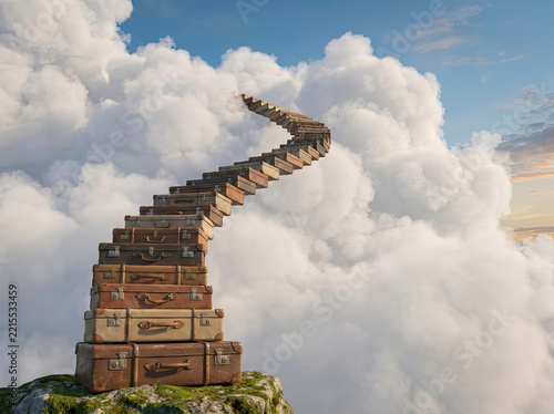 Surreal staircase made of vintage suitcases leads into clouds, evoking sense of adventure