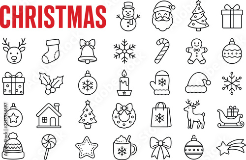 Collection of christmas icons in linear style on a white background
