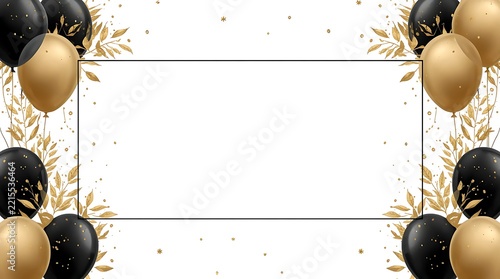 Luxurious gold floral border with black and gold party balloons.