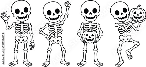 Four cartoon skeletons with pumpkins in a black and white vector illustration