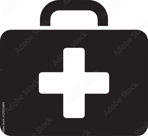 Black and white medical case icon with a prominent white cross symbol on front