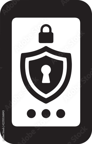 Mobile phone security icon with shield and padlock illustration on white background