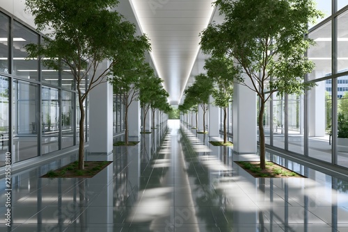 Bright modern office passageway with panoramic glazing on both sides, polished reflective floor, slender architectural columns, indoor trees, soft white lighting, symmetrical composition, strong