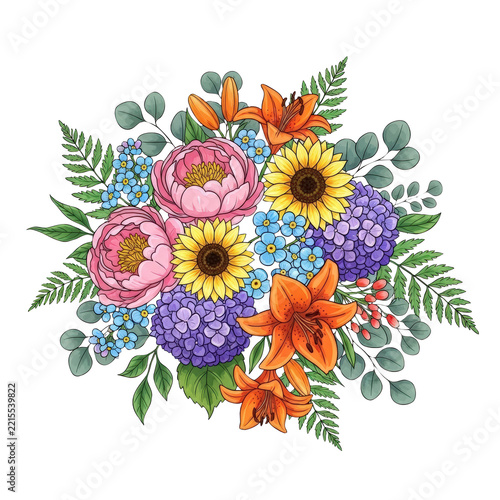 Colorful watercolor flower bouquet with leaves and petals