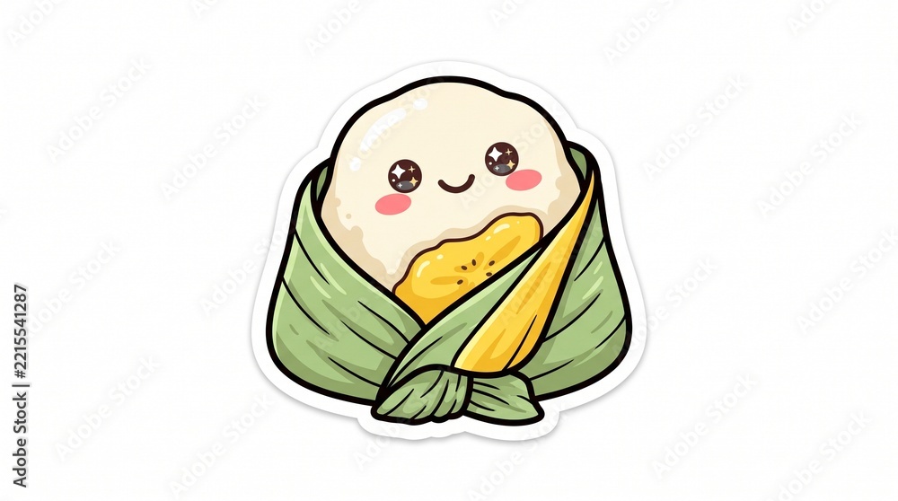 Fototapeta premium Cute kawaii nagasari Indonesian steamed rice flour cake with banana filling wrapped in banana leaf, happy sparkling eyes character, traditional snack, cartoon sticker style vector illustration isolate