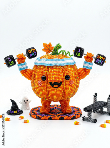 Beaded pumpkin lifting dumbbells, gym rat fitness concept