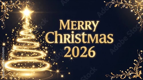 Elegant glowing golden christmas tree with merry christmas 2026 text perfect for luxurious holiday greetings and magical celebration designs