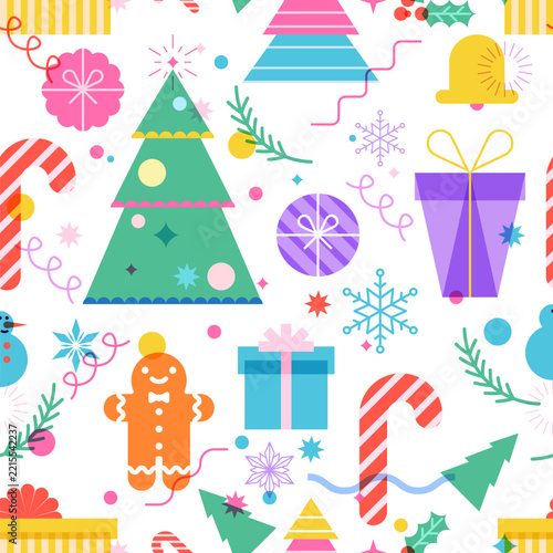 Vector flat geometric Christmas and New Year seamless pattern with decorated fir trees, gift boxes and candy canes