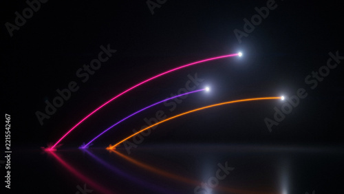 Three colorful light trails moving in smooth arcs on a dark reflective surface with abstract movement background reflection artistic velocity creative technique photography