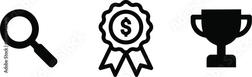 Award vector icon set including magnifying glass and trophy