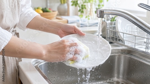 キッチンのシンクでスポンジを使って食器を洗う手元、日常の家事や食器洗いのイメージ