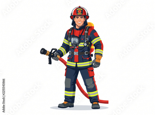 Smiling firefighter in protective gear holding a fire hose