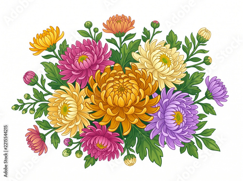 Colorful chrysanthemum flower bouquet illustration on white background
