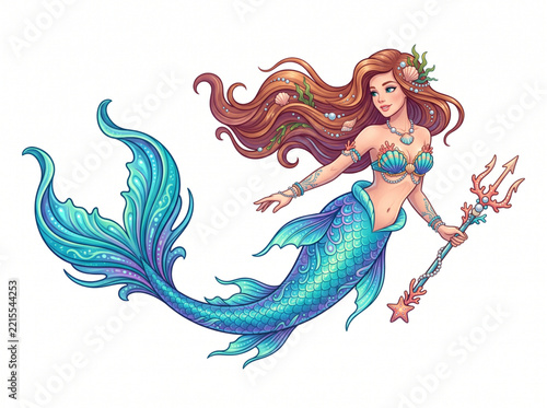 Cute mermaid holding a trident on a white background