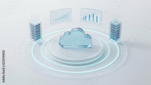 Glass cloud icon floating above data platform showing analytical graphs with computing analytics business technology information internet strategy performance management dashboard statistics