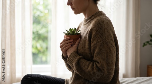 Woman tenderly holding succulent plant by window