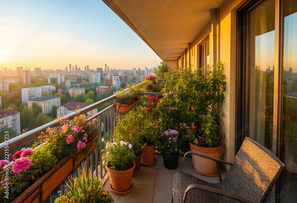 Fototapeta premium Urban living and city lifestyle, balcony garden with flowers overlooking a metropolitan skyline at sunset for relaxation and home wellness atmosphere