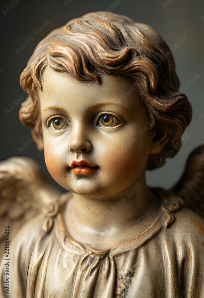 Fototapeta premium Spirituality and religious faith, cherub angel statue with serene expression and detailed wings for church decor or memorial and funeral services