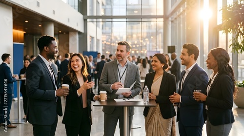 Several people dressed in formal business clothing stand near a table  holding drinks and engaging in conversation under natural light from tall glass inside a modern building