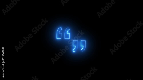 blue neon double quotation marks icon on black background,