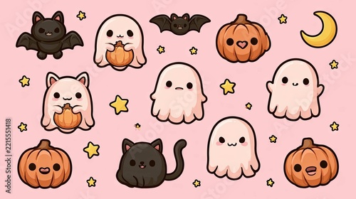 Cute Halloween Characters with Pumpkins, Ghosts, Bats, and Cats on a Pink Background for Fun and Whimsical Designs