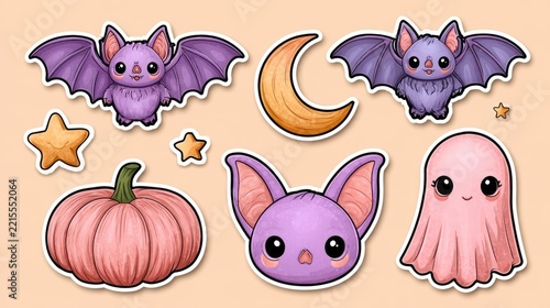 Cute Halloween Themed Characters Including Bats, Ghosts, Pumpkins, Moon and Stars for Fun Holiday Decor and Merchandise