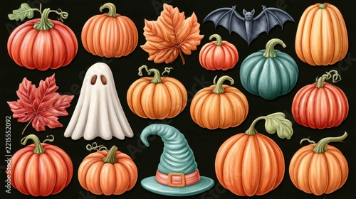 Colorful Halloween Elements with Pumpkins, Ghosts, Bats, and Leaves on Dark Background for Seasonal Decoration